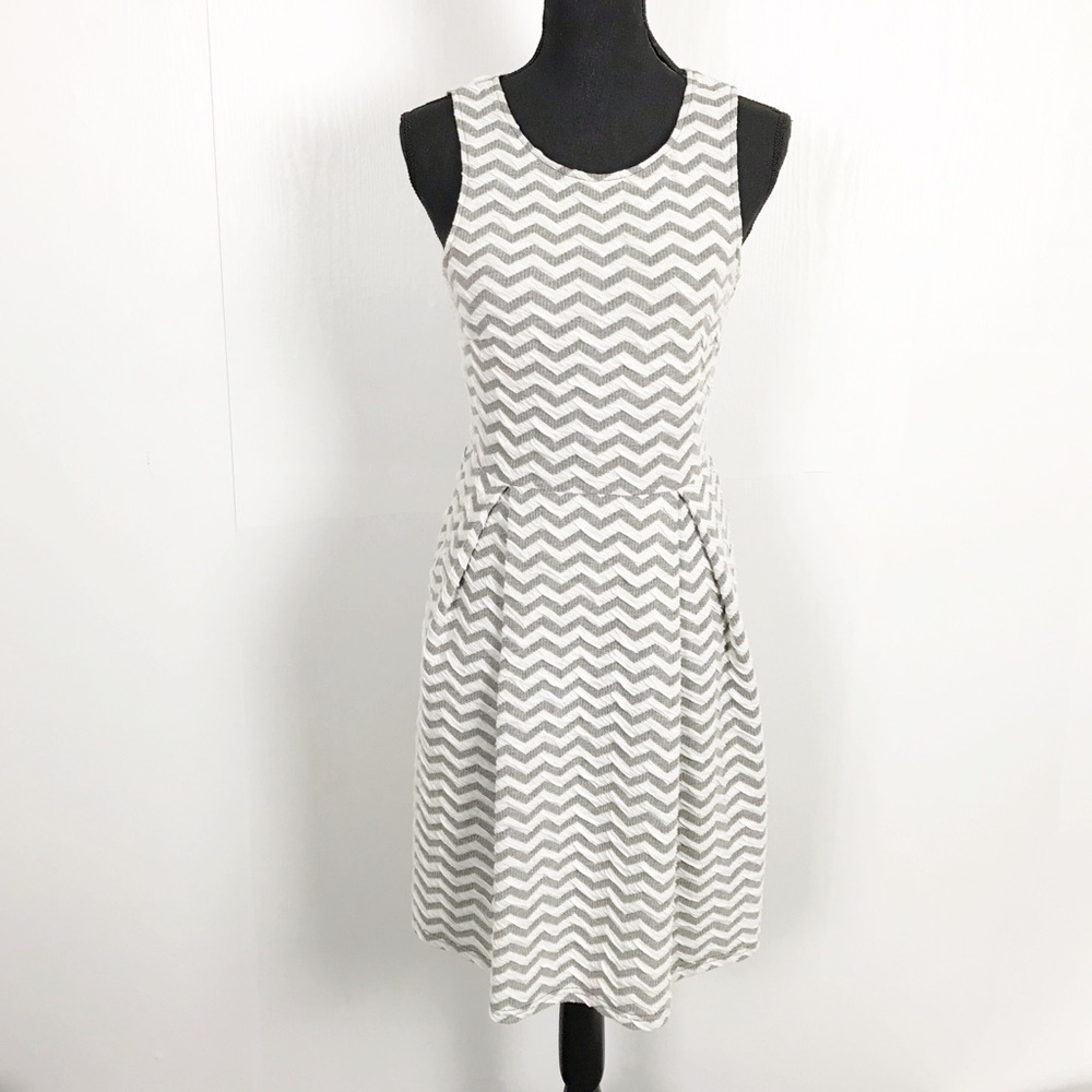 [41 Hawthorn] Gray & White Chevron Print Fit & Flare Skater Dress
